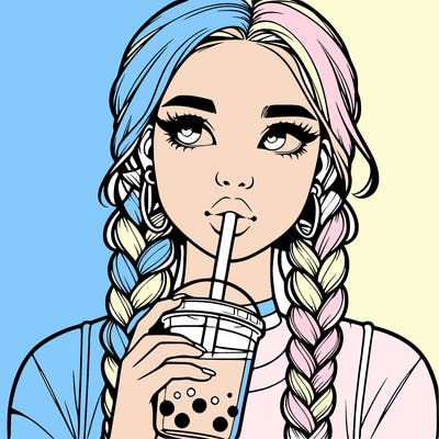 realistic girl with braided hair drinking boba