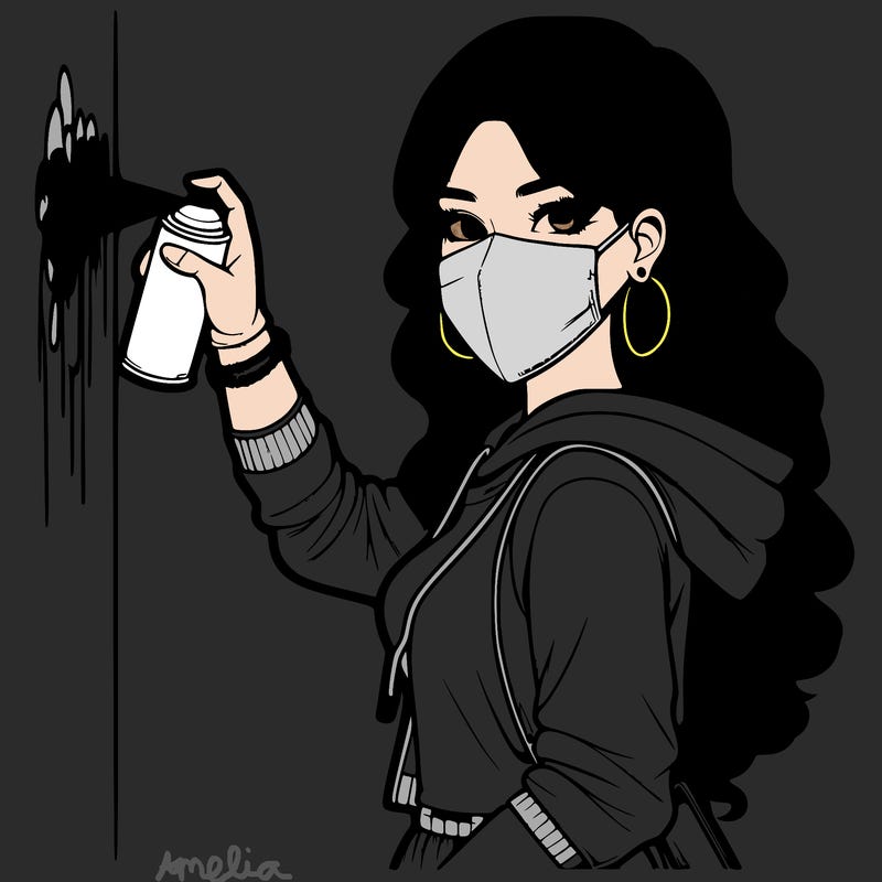 realistic girl with mask spray painting a wall