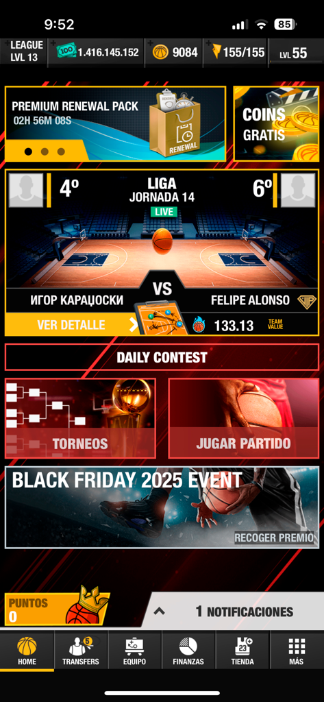 Basketball Game Manager 24 - Main menu of Basketball Game Manager 24 showing a live league match preview and options for tournaments and team management