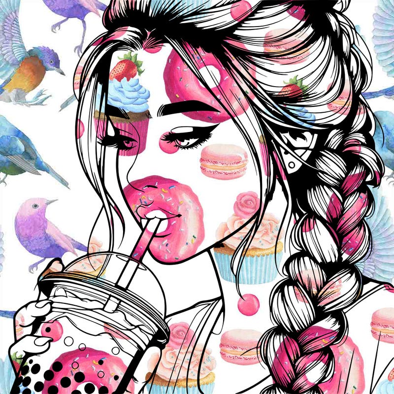 realistic girl drinking boba tea with braided hair