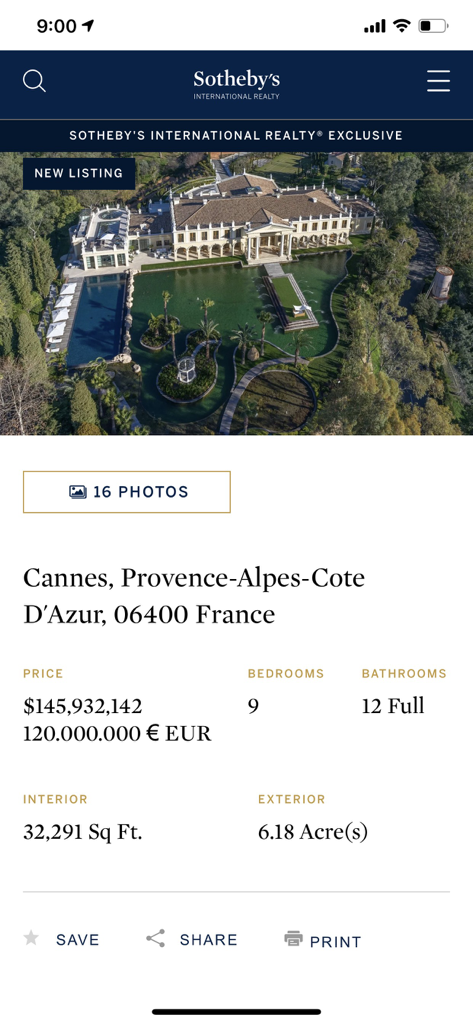 Sotheby's International Realty - Sothebys International Realty app displaying a luxury estate listing in Cannes France with price and property details.