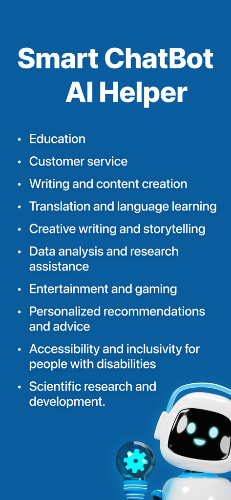 ChatAI Assistant - Chat AI Bot - A list of features for the ChatAI Assistant app including education, content creation, and research assistance with a robot illustration.