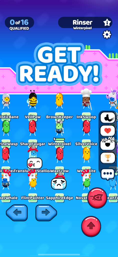 Goober Dash - A group of colorful customized characters on the Get Ready screen of the Goober Dash multiplayer game.