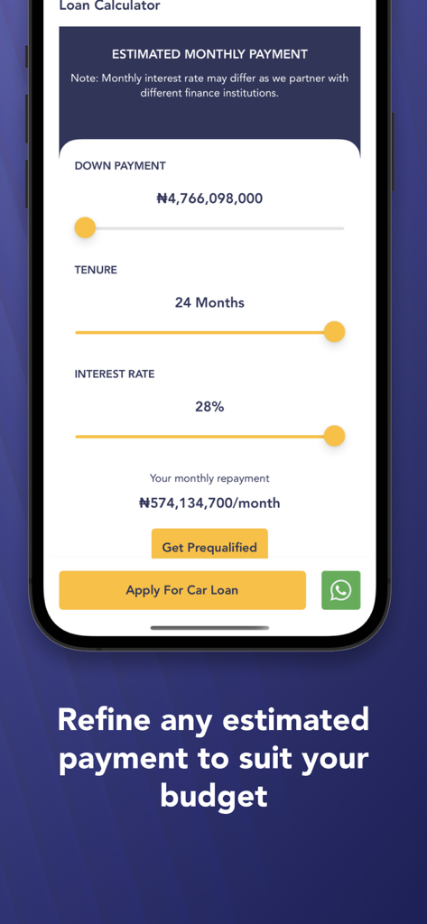 Autochek - Screenshot dell'app Autochek che mostra un calcolatore di prestiti auto con cursori regolabili per acconto, durata e tasso di interesse per stimare i pagamenti mensili.
