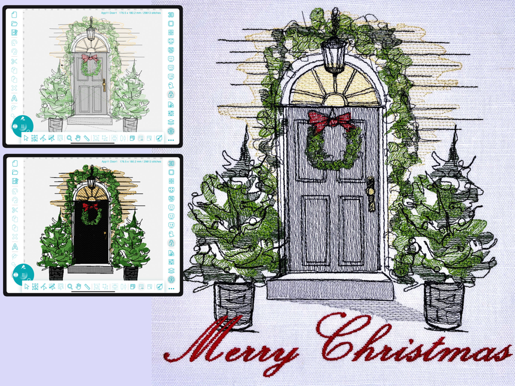 Embroidery Design Doodler - iPad app interface showing a custom Christmas embroidery design and the final stitched output on fabric
