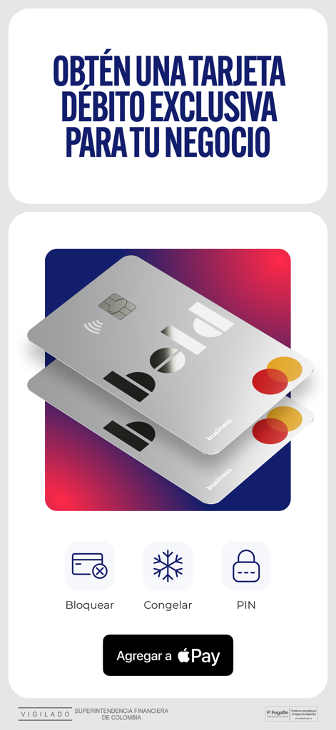 Bold - Promotional screen for Bold app showing an exclusive silver business debit card and features to block freeze and add to Apple Pay