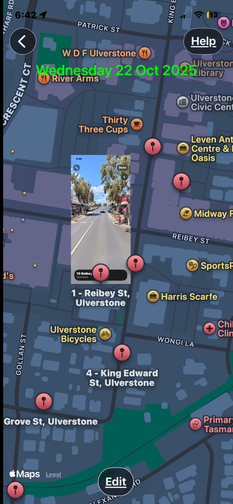 A map interface in the Track My Trip app displaying multiple location pins and a street view photo attached to a trip tag.