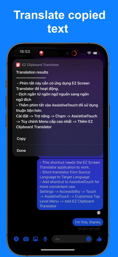 EZ Screen Translator - Uma tela de smartphone exibindo a tradução de texto vietnamita copiado para inglês usando a sobreposição do EZ Screen Translator.