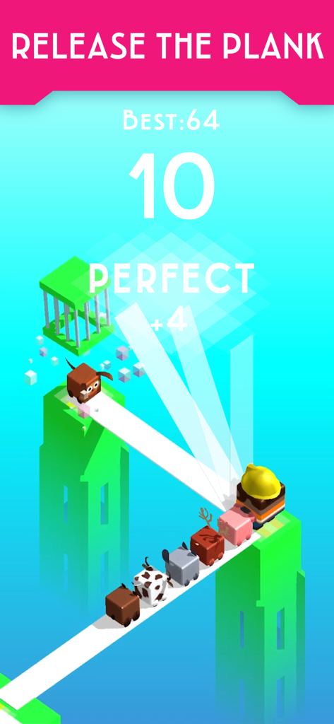 PLANK! - PLANKモバイルゲーム画面。四角い動物たちが橋を渡っており、完璧なスコアのメッセージが表示されている