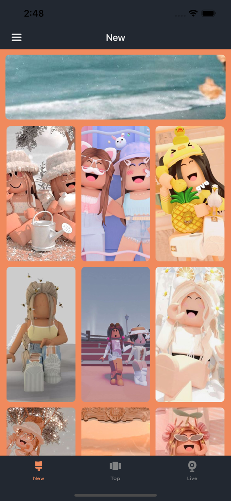 Roblox Live Wallpapers & Skins - A collection of aesthetic and preppy Roblox character wallpapers displayed in a mobile app interface