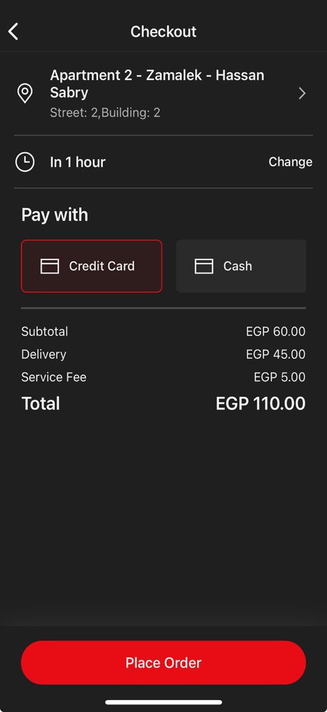 Kufta - Pagina di checkout dell'app Kufta che mostra il riepilogo dell'ordine, i metodi di pagamento e il pulsante per effettuare l'ordine