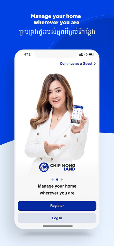 Onboarding screen of the Chip Mong Land app showing a woman holding a smartphone with register and login buttons