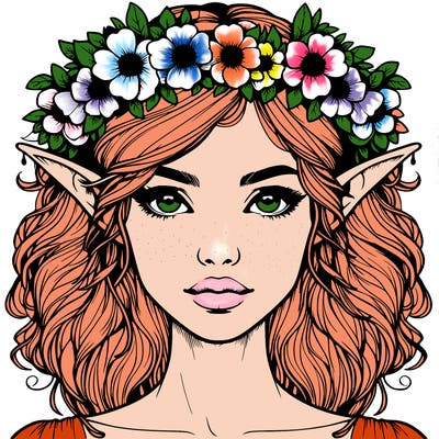 realistic female elf with flower crown