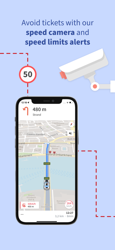 Sat Nav Maps, GPS & Traffic - Navegación Karta GPS mostrando alertas de cámaras de velocidad y límites de velocidad en un mapa