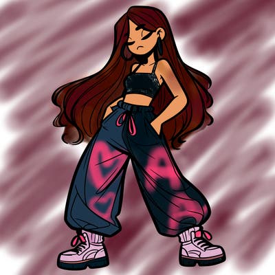 girl in baggy pants crop top and long hair
