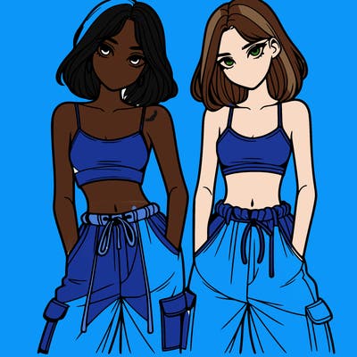 two girls with crop top with baggy pants