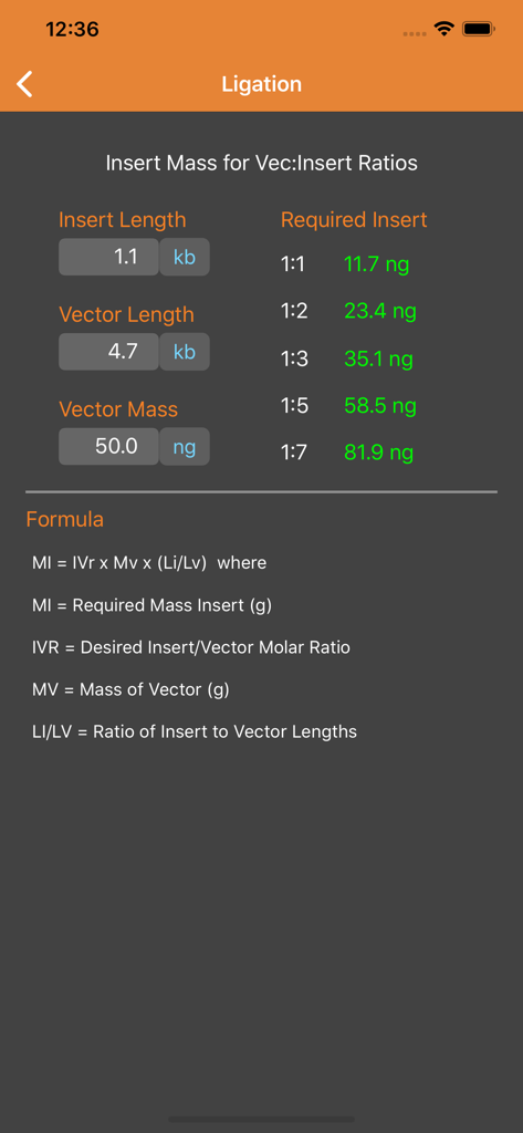 NEB Tools - NEB Tools app interface showing the ligation calculator for determining DNA insert mass ratios