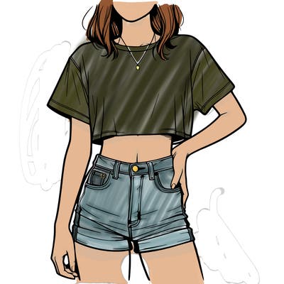 relistic girl with a cropped t shirt and jean shorts