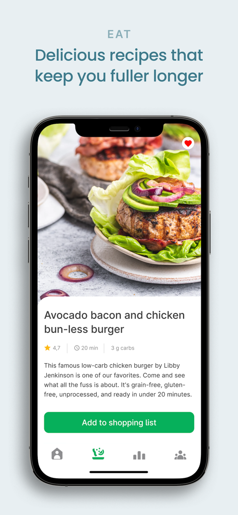 Diet Doctor - Diet Doctor app screenshot showing an avocado chicken bun-less burger recipe