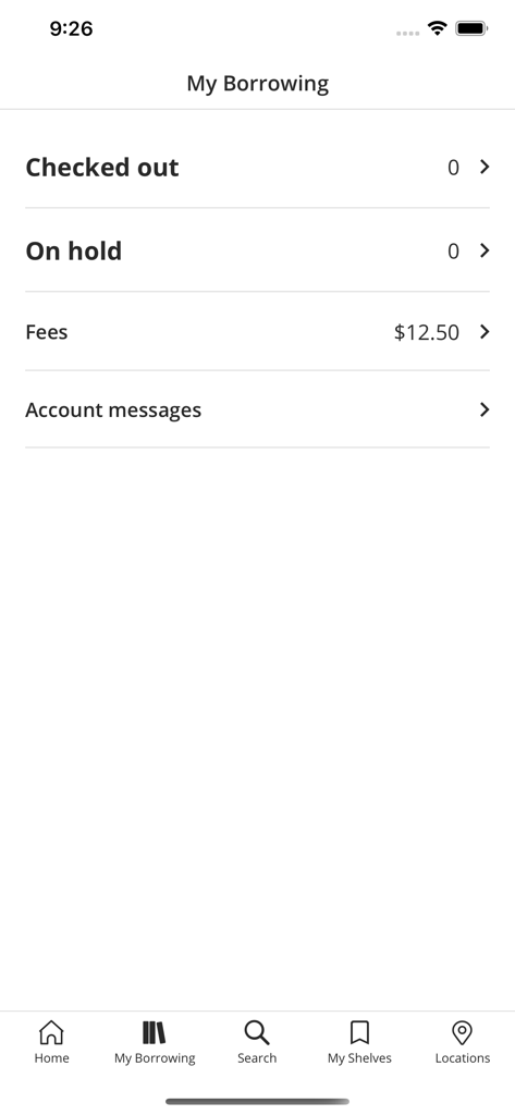 My Borrowing screen on the VPL Mobile app showing account status and library fees