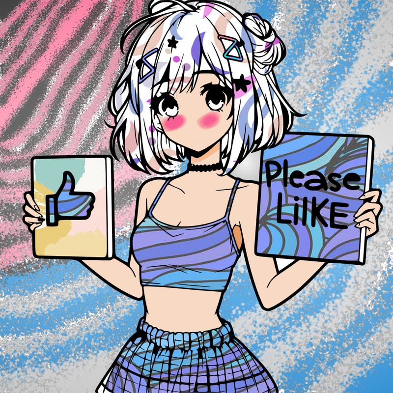anime girl with crop top  holding a please like sign with a medium sized skirt