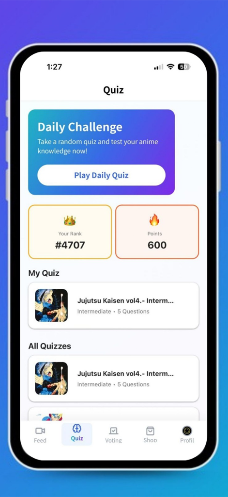 Ota Life - Interfaz de la app Ota Life mostrando desafíos de preguntas de anime y la clasificación de usuarios.