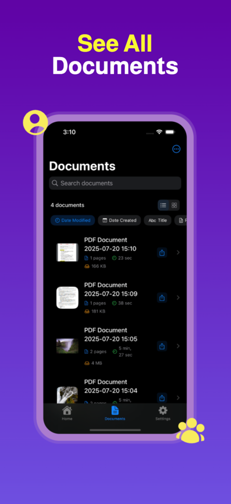 Uma interface móvel mostrando uma lista de documentos PDF convertidos com opções de pesquisa e classificação