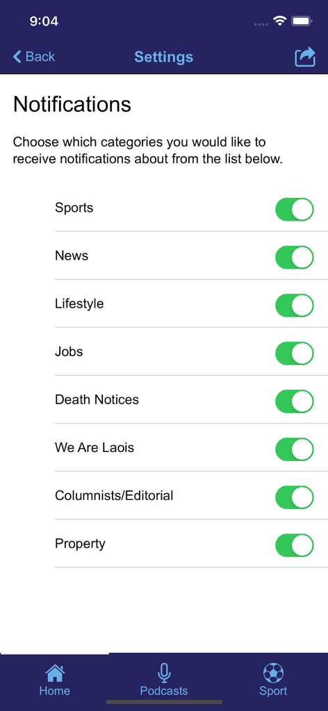 Notification settings screen of the LaoisToday app showing toggle options for sports, news, and death notices.