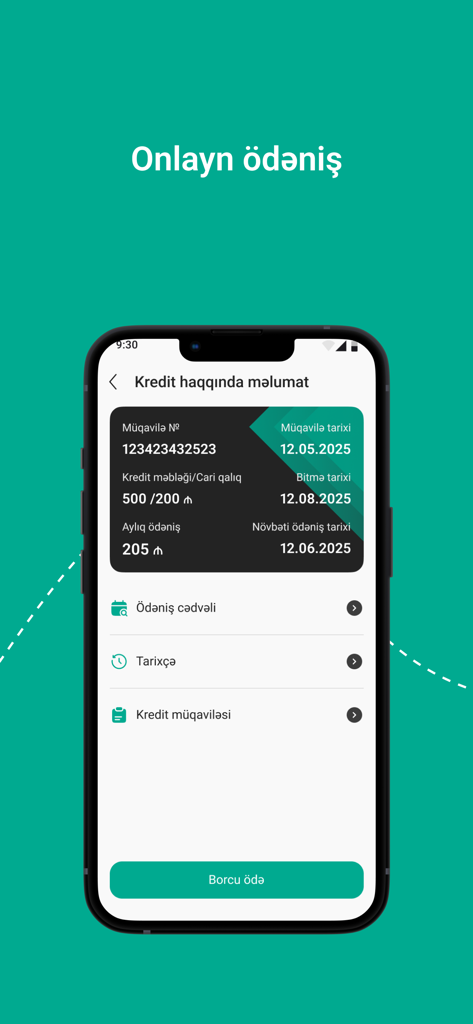 KredAqro - Interface de l'application mobile KredAqro montrant le solde du prêt et les informations de paiement mensuel en langue azerbaïdjanaise