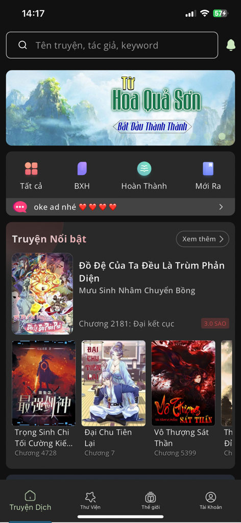 Xa Lộ Sách - Xa Lo Sach app home screen displaying a variety of Vietnamese web novels and book categories