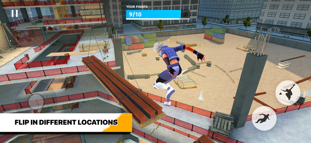 Parkour Simulator 3D: City Run - Traceur realizando um mortal em um canteiro de obras urbano