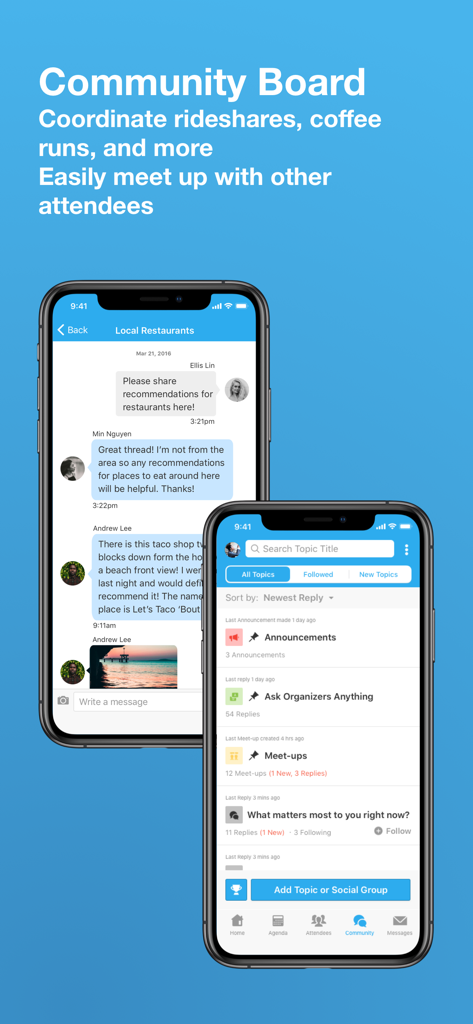 Interfaccia della bacheca comunitaria dell'app Whova per coordinare incontri e fare networking agli eventi.