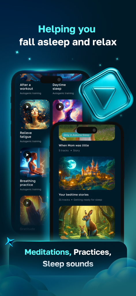 Askona Sleep app interface displaying relaxation meditations and bedtime stories for adults and children
