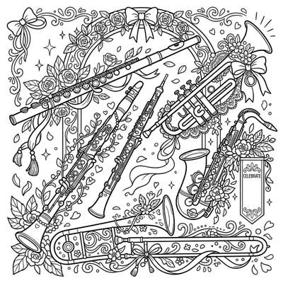 Immerse yourself in a symphony of love with this exquisite coloring page featuring beautifully adorned wind instruments for a wedding celebration. Discover flutes, trumpets, and saxophones intricately designed with floral details, ready for your creative touch.