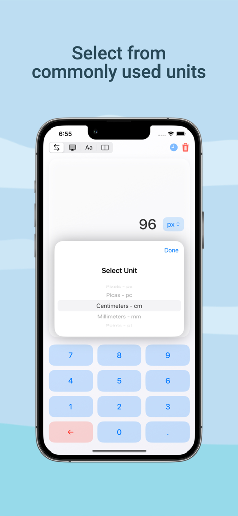 Pixel Converter Pro - Unit selection interface in the Pixel Converter Pro app showing options for pixels picas and centimeters