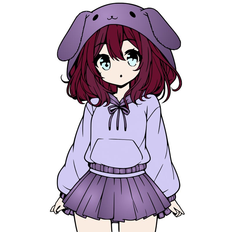 pretty anime girl wearing a fluffy hoodie with bunny ears on the hood and a skirt