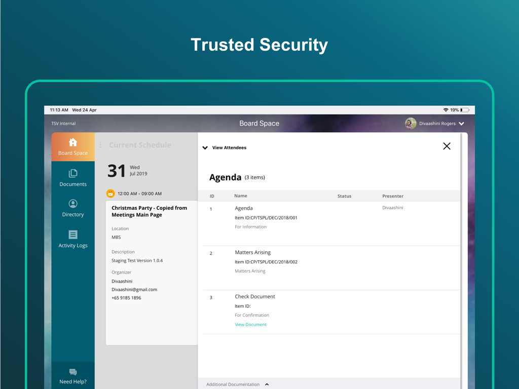 Board.Vision for iPad - Interface of the Board.Vision iPad app displaying a meeting agenda in the Board Space section