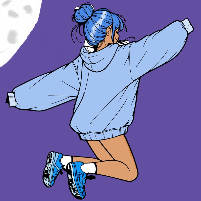 realistic girl jumping with a bun and oversized sweatshirt
