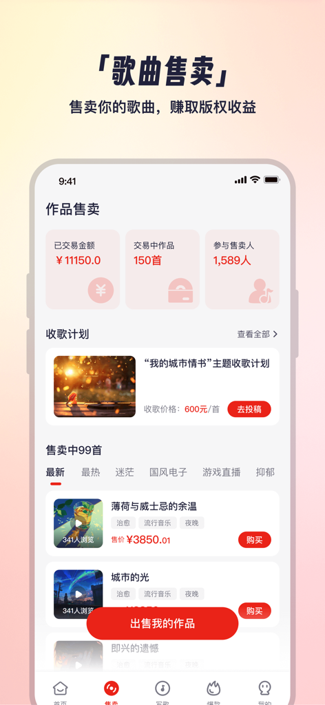 小元音乐圈 - Interface of the Xiaoyuan Music Circle app showing the song selling marketplace and transaction statistics for earning royalties from AI generated music.