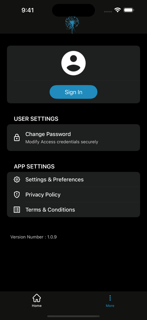 Settings menu of the AccessMe app showing sign in and user preferences