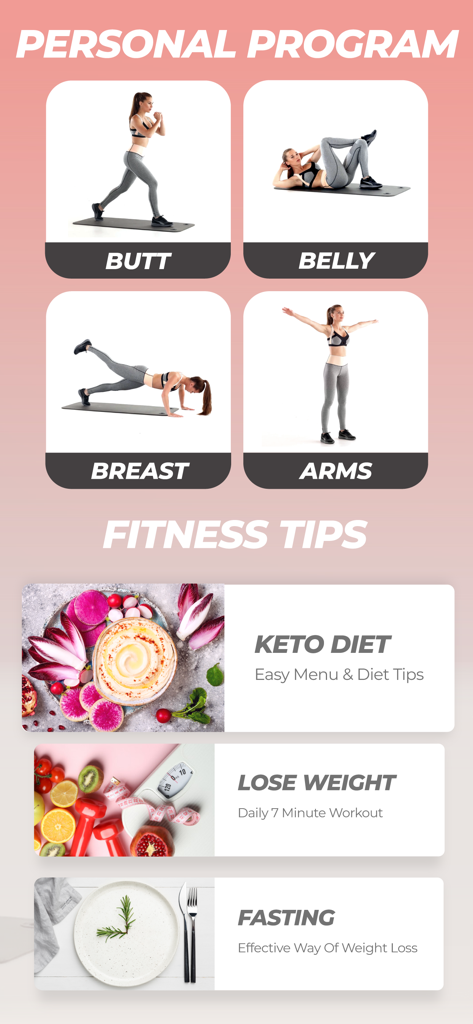 Workout & Women Fitness: BeFit - Uma captura de tela do aplicativo BeFit mostrando programas de treino pessoal para várias partes do corpo e dicas de saúde para dieta e perda de peso.