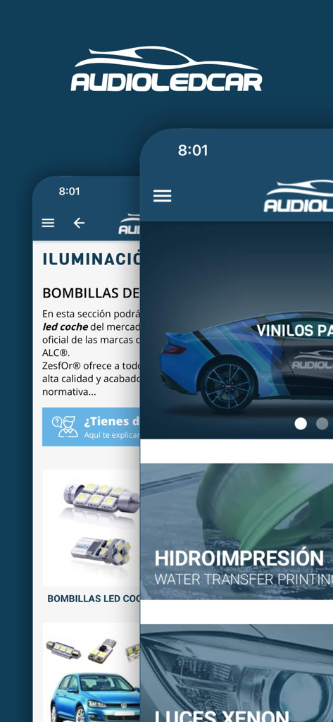 Audioledcar Accesorios Coche - Schermate dell'app Audioledcar che mostrano le categorie di illuminazione per auto e personalizzazione del veicolo