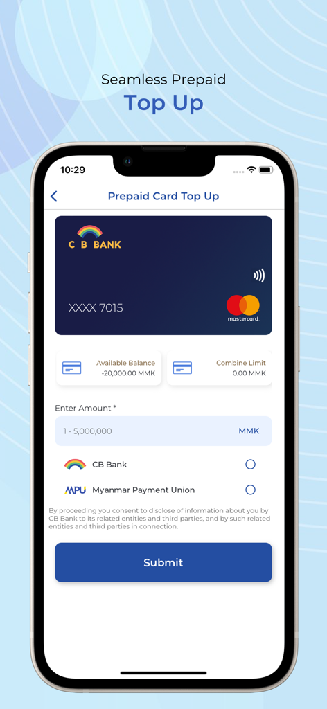 Pantalla de recarga de tarjeta prepago de la aplicación CB Card plus que muestra el saldo de Mastercard y el campo para ingresar el monto.
