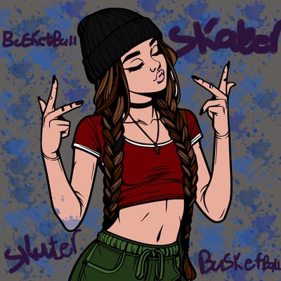 realistic teenage girl with braids and a beanie and crop top doing 🫶🏼