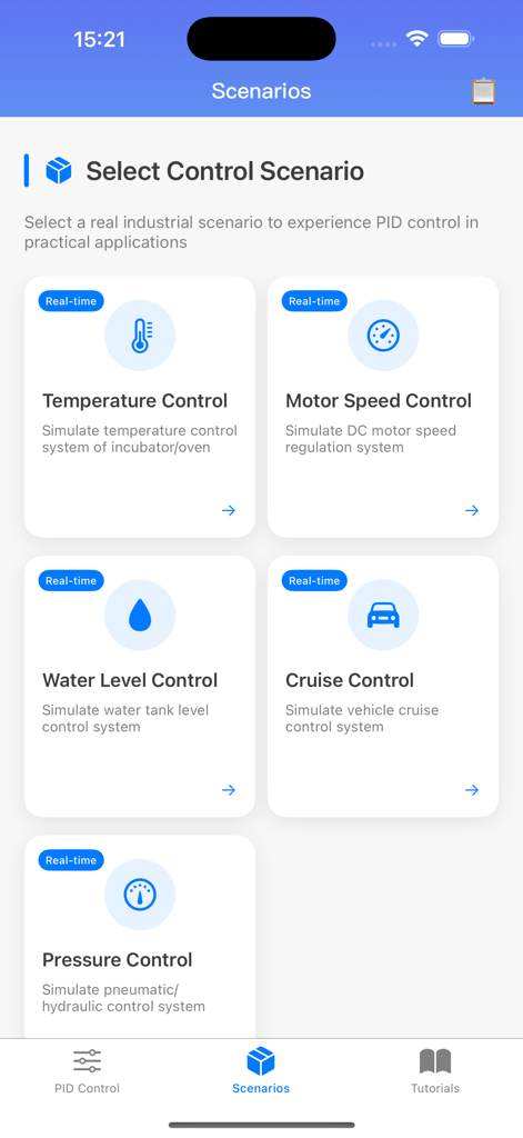 PID Controller Simulation - PID Controller Simulation app screen showing a selection menu of industrial scenarios including temperature motor speed and water level control