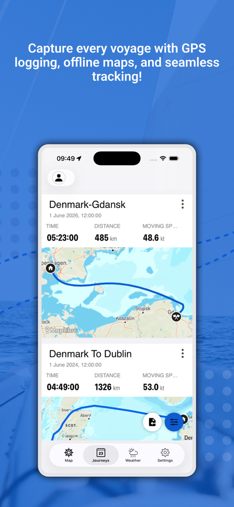 Boat Logbook & GPS Tracker - Interface de l'application Journal de bord du bateau montrant une liste des trajets maritimes enregistrés avec des cartes et des statistiques de navigation.