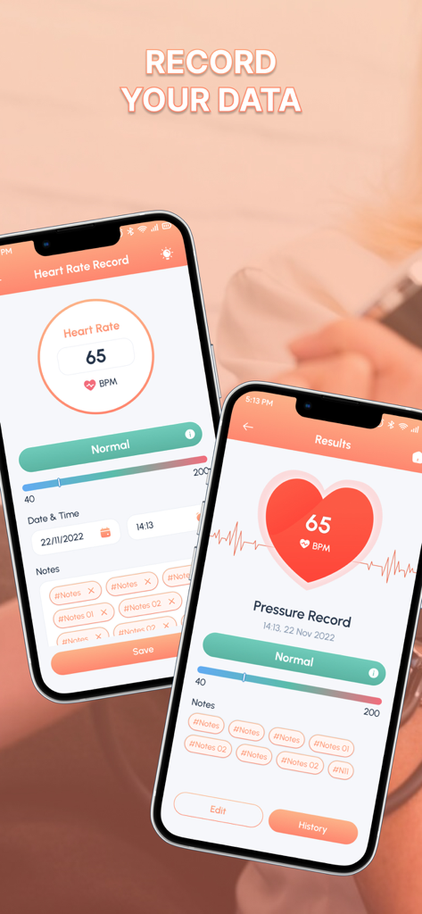 Screenshots of the Blood Sugar Tracker Log app showing heart rate and pressure recording features on an iPhone.