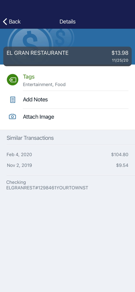 TX Community Bank - TX Community Bank app transaction details screen with options to add tags notes and attach receipt images