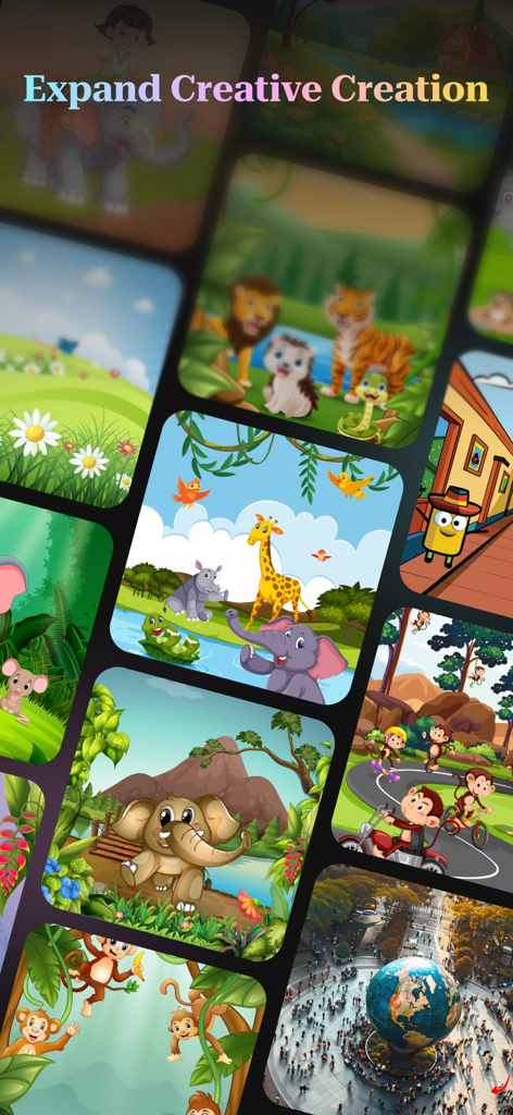 A grid display of various cartoon animal illustrations and scenic photos for creative infinite zoom art