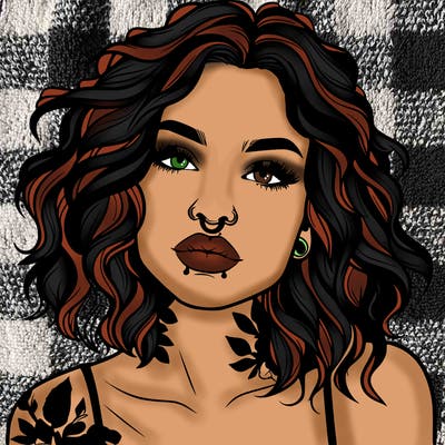 realistic woman with septum piercing and wavy hair and tattoos
